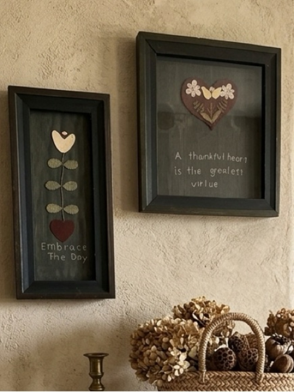 Primitive Wool Appliqué Framed Art Pair